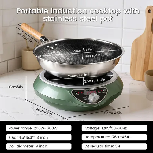 Vista 9 de Wok de inducción cóncava de 1700 W 120 V con wok de acero inoxidable, calentamiento continuo sin pulsos, 16 niveles de potencia, quemador portátil