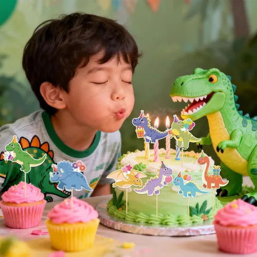 Vista 5 de 40 piezas de decoración de dinosaurios para cupcakes de cumpleaños de dinosaurios, decoraciones de pastel de dinosaurio para temática
