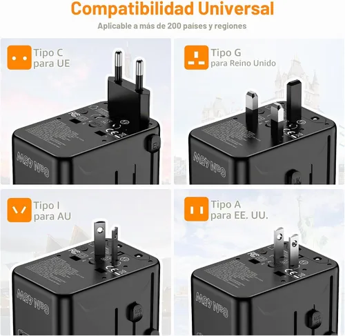 Vista 4 de Adaptador de Viaje Universal, VYLEE Adaptador de Enchufe Internacional de 45W con Carga Rápida PD, 5 Puertos (1 AC/1 USB-A/3 USB-C), Cargador