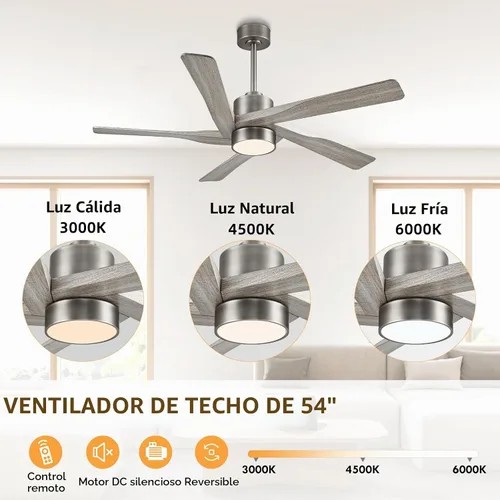 Vista 7 de WINGBO Ventilador de techo ABS DC de 54 pulgadas con luces, ventilador de techo de grano de madera ABS de 5 aspas con control remoto, motor CC
