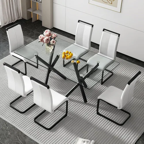 Vista 40 de Juego de 6 mesas de comedor de cristal, moderno juego de mesa de comedor de vidrio templado rectangular transparente de 71 pulgadas y 6 sillas