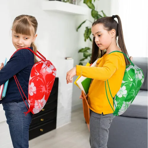 Vista 6 de Teling - 14 mochilas de hibisco, bolsas de recuerdos de fiesta con temática hawaiana con cordón Tiki Luau Treat Hawaii, bolsa de regalo tropical