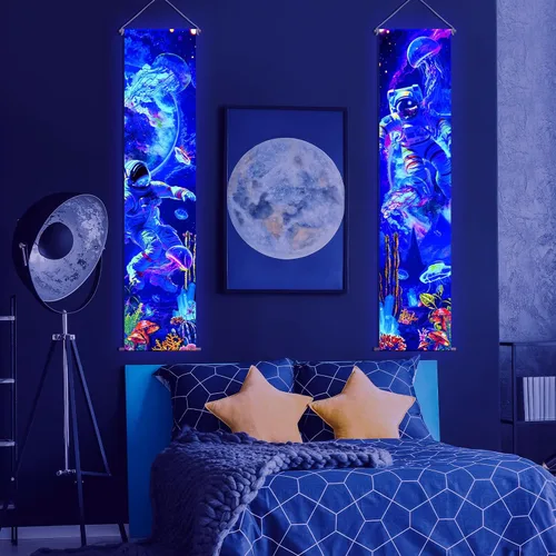 Vista 6 de Tiamon 2 Piezas de Arte de Luz Negra para Pared, Tapiz Trippy de Luz Negra, Póster de Tapiz UV Reactivo, Banner Estético, Fondo de Pared para Colgar