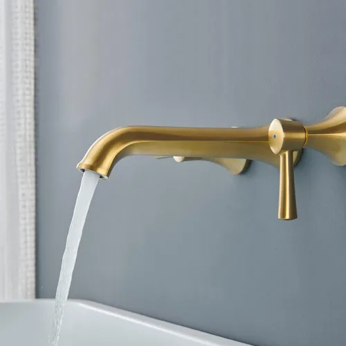 Vista 5 de Llenador de bañera romano de montaje en pared, grifos de bañera de latón dorado cepillado con 2 asas