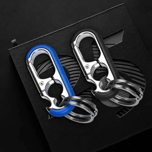 Vista 2 de Llavero para hombre – Llavero abrebotellas con 2 anillos, liberación rápida, aleación de zinc, negro, llavero perfecto para coche (negro + azul)