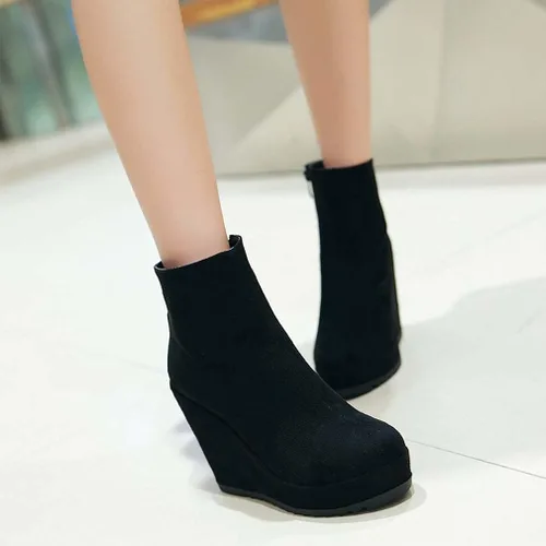 Vista 3 de Botines de tacón de cuña de moda para mujer, botines con cremallera y plataforma de cuero nobuk
