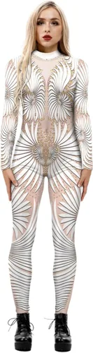 Vista 13 de Disfraz de esqueleto de calavera para Halloween para mujer, overol elástico y ajustado Skull Skeleton Costume Jumpsuits Stretch Skinny Catsuit