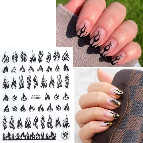 Vista 5 de 10 hojas de calcomanías de arte de uñas, calcomanías de arte de uñas doradas y negras, diseño de llama, calcomanías de uñas autoadhesivas 3D
