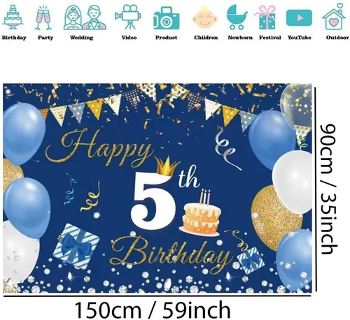Vista 2 de Cartel de fondo de 5º cumpleaños para niños y niñas, azul, 59 x 35.4 pulgadas Póster de tela con letrero de fondo, suministros de fiesta de quinto