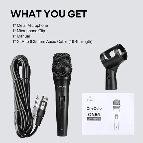 Vista 8 de OneOdio ON55 Micrófono con cable para cantar, clips de micrófono, hembra de metal, interruptor de encendido/apagado, cable XLR de 16.4 pies