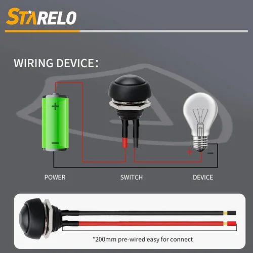 Vista 6 de STARELO 6 interruptores de botón momentáneos de 0.472 in, mini interruptor redondo impermeable SPST 3A 125V AC 2Pin 1NO con cable pre-soldado Negro