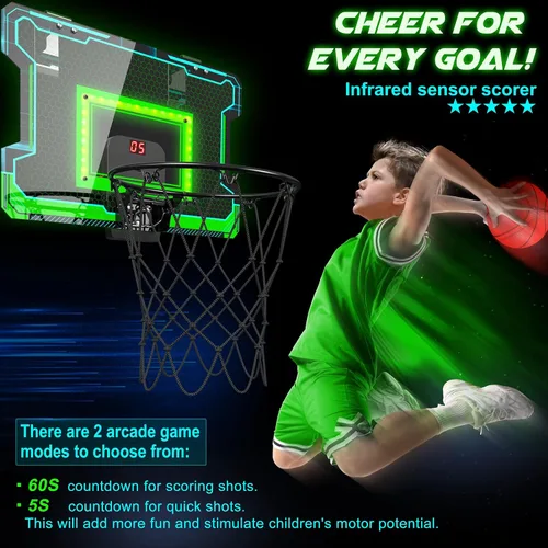 Vista 3 de OKKIDY Mini aro de baloncesto para interiores, aro de baloncesto iluminado con marcador LED electrónico, pequeños juguetes de baloncesto al aire