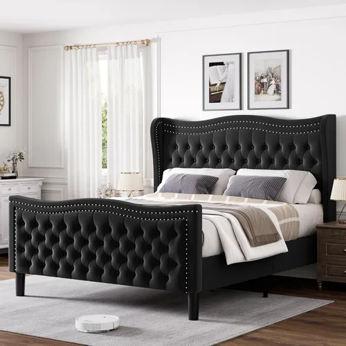 Vista 12 de Marco de Cama Full con Cabecera y Pie de Cama Altos, Marco de Cama Plataforma Tapizada en Terciopelo con Acolchado de Botones Profundos Tipo Beige