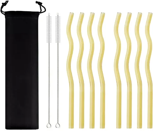 Vista 11 de JASHII Pajitas de vidrio ondulado negro – 8 piezas, 7.87 x 0.31 pulgadas, reutilizables con bolsa negra, multicolor para beber bebidas