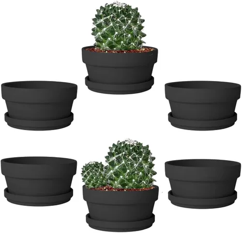 Vista 10 de vensovo - Macetas de terracota negras poco profundas de 3.7 pulgadas para suculentas - Juego de 6 macetas de terracota de arcilla con platillo Negro