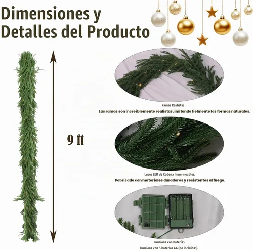 Vista 2 de TW SHINE Guirnalda de Navidad preiluminada de 9 pies con luces, 50 guirnaldas de pino Norfolk artificiales iluminadas LED, decoraciones de Navidad