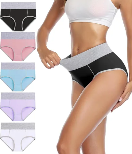Vista 11 de wirarpa Women's Cotton Underwear High Waist Stretch Briefs Soft Underpants Ladies Full Coverage Panties 5 Pack Beige