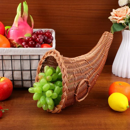 Vista 3 de HOMSFOU Cornucopia - Cestas de cuerno de imitación de vid de otoño, frutas de Acción de Gracias, cesta de cornucopia, bocina de pan para centro