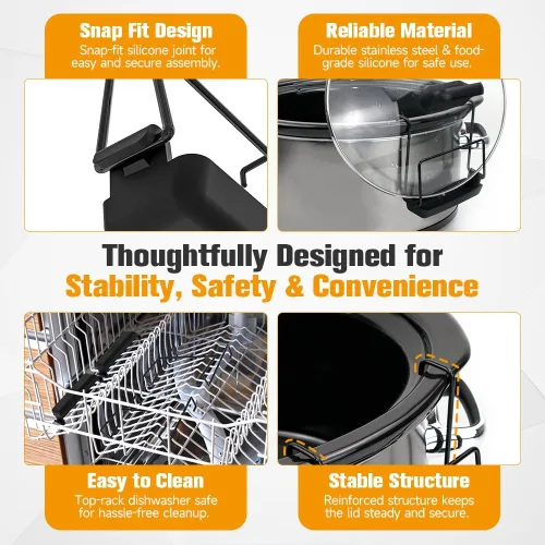 Vista 4 de Organizador de tapa de olla SOPHICO para cocinar, organizador de tapa de olla sin manos, estante de acero inoxidable con fregadero de silicona, se