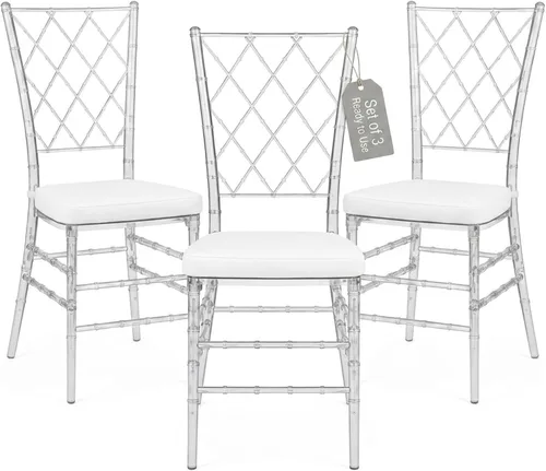 Vista 10 de FOH Juego de 3 sillas Chiavari de acrílico transparente con cojines, silla de comedor de cristal transparente totalmente montada, sillas fantasma