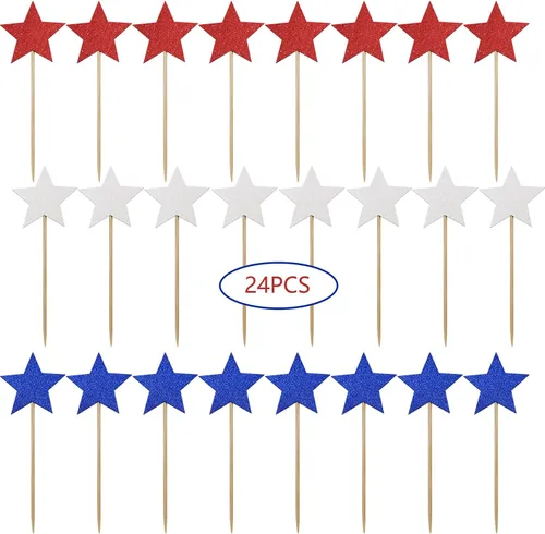 Vista 3 de Decoración para cupcakes del 4 de julio, diseño de estrella roja, azul y blanca, con purpurina patriótica, decoración de fiesta conmemorativa