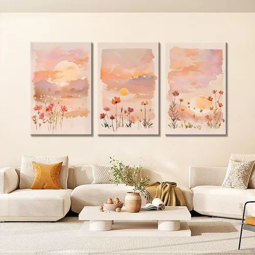 Vista 4 de Eysintum 3 paneles de arte de pared de atardecer rubor, impresiones en lienzo floral en acuarela, arte de paisaje de flores silvestres, decoración