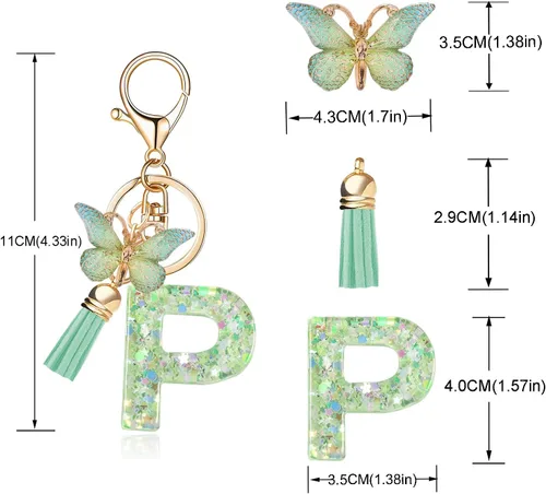 Vista 3 de Fashion Alphabet Initial Letter Keychain Tassel Butterfly Pendant Key Ring for Purse Handbags Women Girl