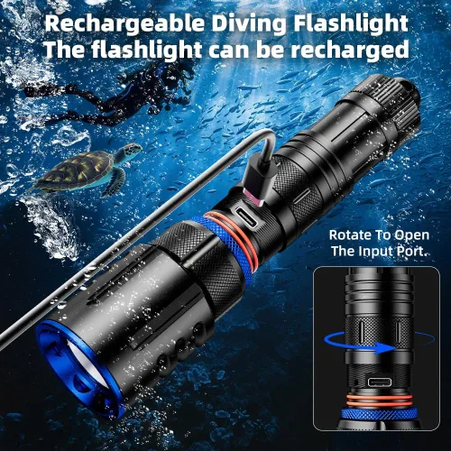 Vista 4 de Linterna de buceo recargable, luz LED de 1000 lúmenes con carga USB-C 1000 lumen underwater LED flashlight with USB-C, aluminum body and