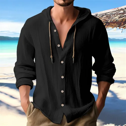 Vista 2 de Sudadera con capucha de lino y algodón para hombre, manga larga con botones, ligera y casual para playa y verano