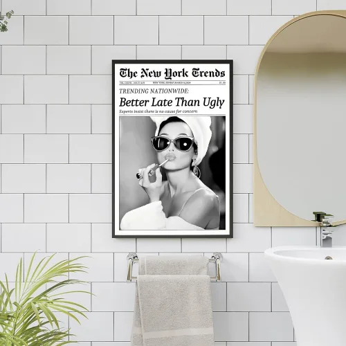 Vista 8 de Arte de pared de periódico vintage, impresiones en lienzo en blanco y negro Better Late Than Ugly Funky póster feminista moderno preppy, decoración