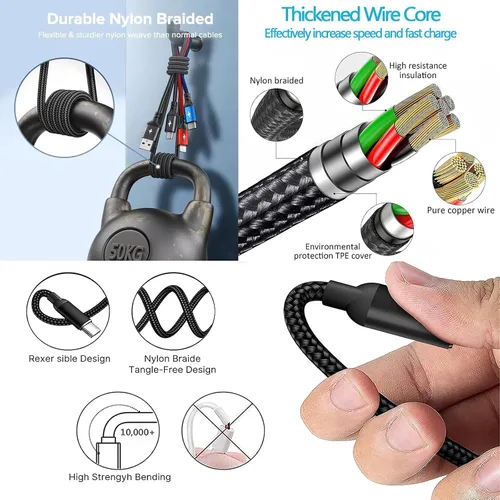Vista 8 de Juego de cables de carga USB multifunción, paquete de 3 cables trenzados de nailon 3 en 1, múltiples cables de carga rápida para el hogar, oficina