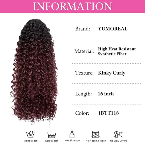 Vista 2 de Extensiones de cabello rizado con cordón para mujeres negras, 16 pulgadas de largo, sintético, afro, esponjoso, en capas, extensión de cola