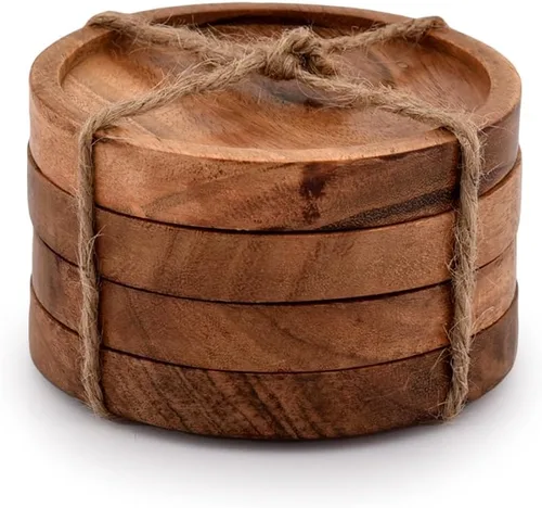 Vista 3 de Kaizen Casa Posavasos de madera para bebidas, juego de posavasos de madera de acacia natural para vasos de bebida, protección de mesa para cualquier