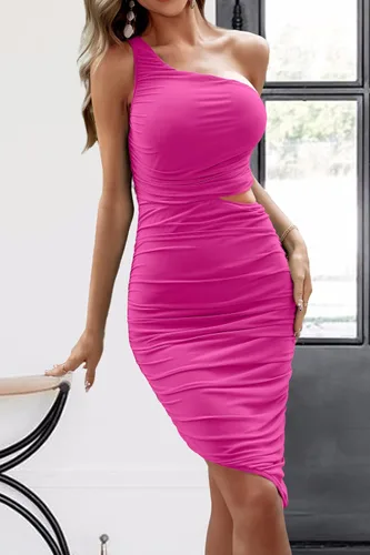 Vista 4 de MASCOMODA Women's 2023 Summer One Shoulder Sexy Bodycon Dress Sleeveless Cutout Ruched Midi Dress Party Cocktail Sun Dresses