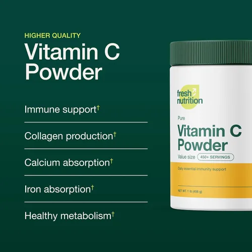 Vista 3 de Fresh Nutrition Suplemento de vitamina C en polvo de 1 libra, apoyo inmunológico puro y potente, 1000 mg por cucharada, delicioso sabor, vegano, sin