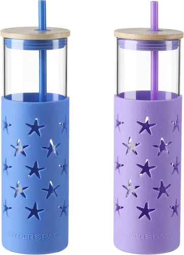 Vista 12 de Hyperspace Botella de agua de vidrio de 20 onzas con funda protectora de silicona y tapa de bambú, vasos de viaje con pajita, sin BPA