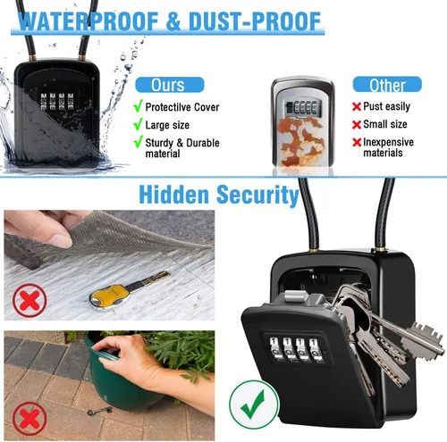 Vista 3 de Caja de cerradura de llave con combinación de 4 dígitos, caja fuerte portátil con cable extraíble, caja de almacenamiento de llaves impermeable