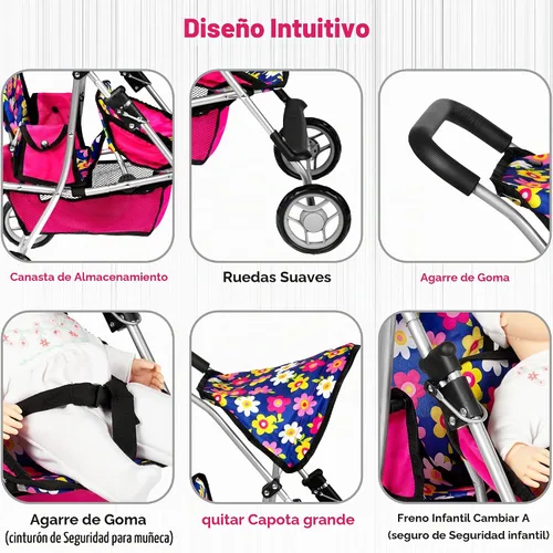 Vista 4 de fash n kolor Cochecito de Muñecas Gemelas - Cochecito de Bebé de Juguete para Muñecas - Cochecito de Juguete con Canasta de Almacenamiento para Set