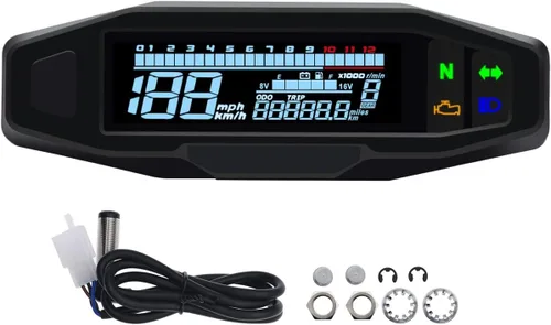 Vista 5 de KAOLALI Medidor de velocímetro digital para motocicleta RPM LCD tacómetro digital carburador medidor de odómetro (con sensor)