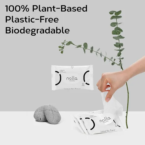 Vista 6 de Nolla Toallitas desechables de viaje, 100% a base de plantas, sin plástico y biodegradables, sin perfume, aloe calmante y vitamina E, 120