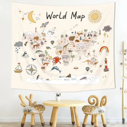 Vista 2 de Imirell Tapiz de mapa del mundo para niños, 59 pulgadas de ancho x 51 pulgadas de alto, lindo animal de dibujos animados, herramienta de aprendizaje