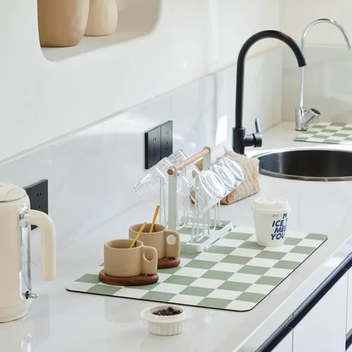 Vista 14 de Ohocut Tapete de secado de platos a cuadros para encimera de cocina, accesorios de estación de cafetería, estética, retro, moderna, absorbente