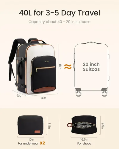 Vista 5 de LOVEVOOK Mochila de viaje grande para mujeres y hombres, mochila de transporte de 40 litros para aviones, bolsa de viaje para artículos personales
