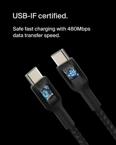 Vista 3 de Belkin BoostCharge - Cable trenzado USB-C a USB-C (1M/3.3 pies) para iPhone 16, iPhone 16 Pro, iPhone 16 Pro Max, Galaxy S25, S24, Note, Pixel 9