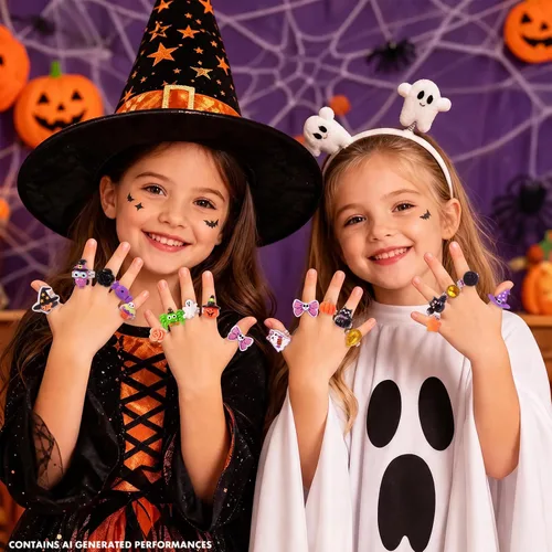 Vista 2 de PinkSheep Anillos de joyería para niña pequeña en caja, 24 encantadores Anillo de Halloween
