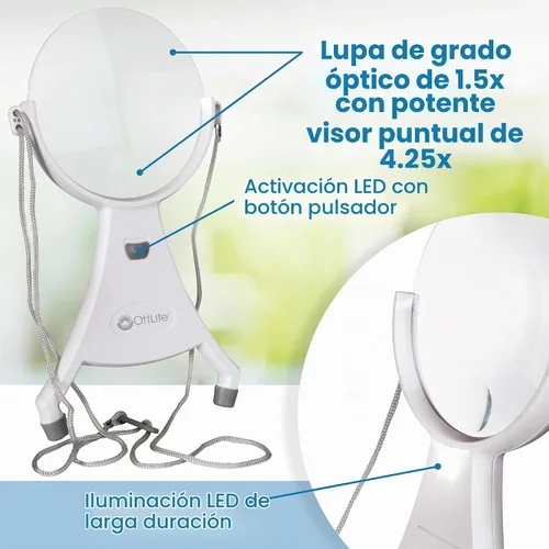 Vista 2 de OttLite Lupa LED manos libres de 4 pulgadas, cordón ajustable para el cuello, lupa acrílica, punta de aguja, costura, fabricación de joyas