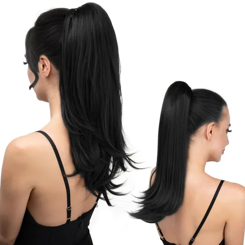 Vista 19 de Extensión de cola de caballo con clip, de 18 pulgadas, extensiones de cabello para mujer, cola de caballo larga y recta, cola de caballo rizada