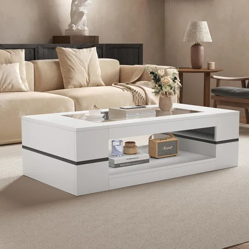 Vista 11 de HedoAjim Mesa de centro moderna y elegante de 47.2 pulgadas con parte superior de cristal, mesa grande para sala de estar, mesas centrales Negro
