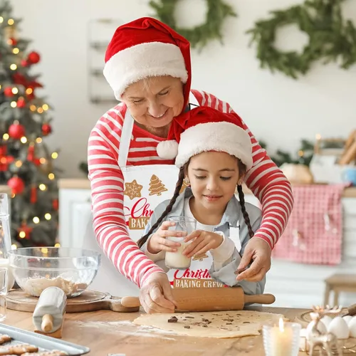 Vista 5 de Paquete de 2 delantales de Navidad a juego para niños y adultos, delantales de Navidad para panaderos, delantales de cocina blancos de Navidad con 2