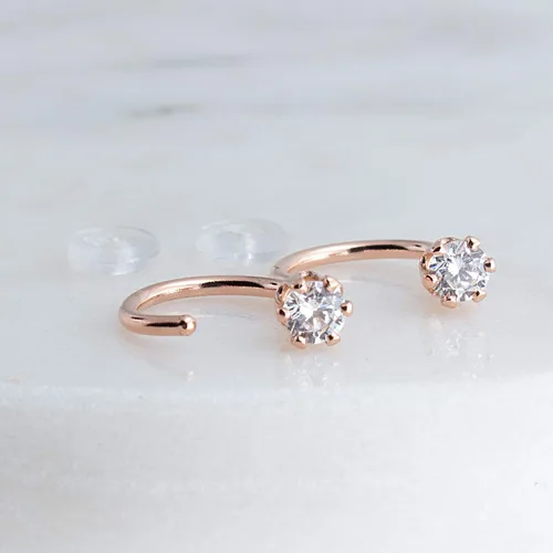 Vista 32 de Half Huggie Birthstone Gold Hoop Earrings for Women Tiny Cartilage Stud Piercing Earring Hypoallergenic Earring Screw Back Dainty Hug